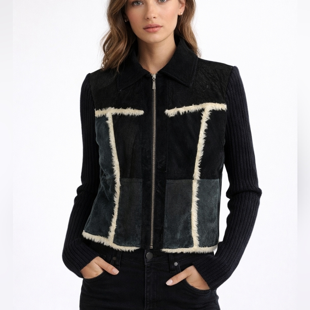 MARCELLE RENÉE Vintage Leather Jacket Patchwork Faux Fur - L